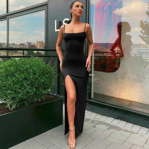 Macheda Autumn Women Spaghetti Strap Dress Autumn Sexy Split Solid Slim Lady Ankle Length Vintage Wear Dress 2019 New - Takalr