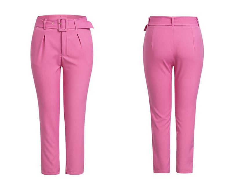 Buckle belt trousers women pants loose work high waist suit pants