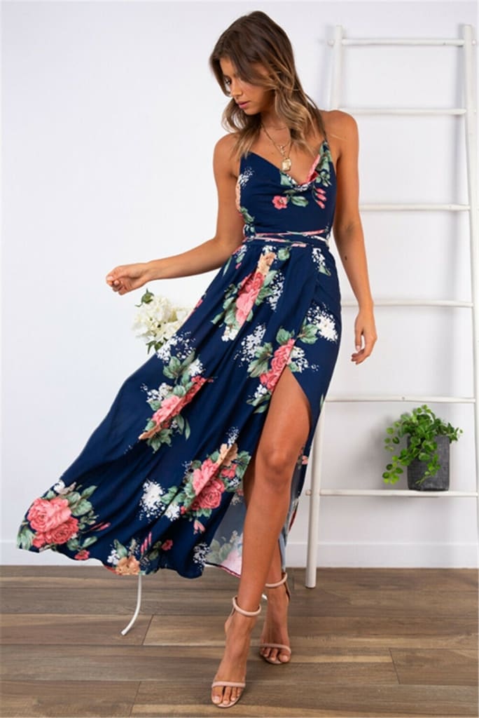 2019 Fashion New Women Boho Floral Dress Holiday Party Sleeveless Ladies Maxi Summer Beach Dress Sundress