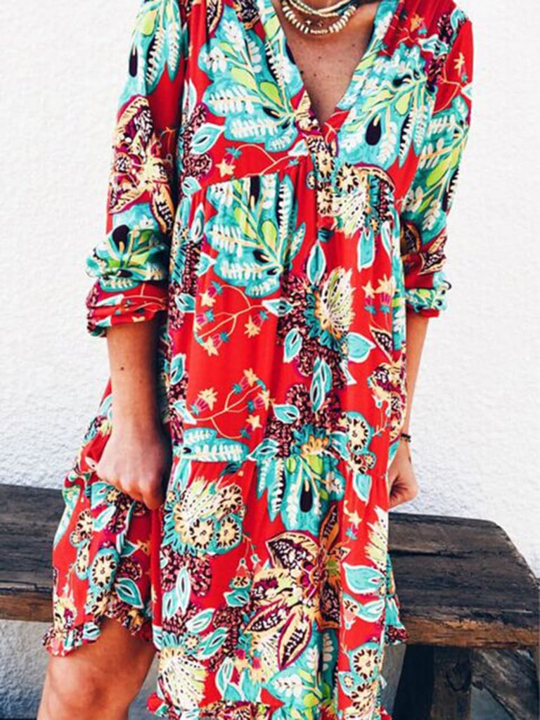 New Fashion Women Long Sleeve Summer Autumn Boho Floral Printed Beach Casual Loose Kaftan Tunic Beach Mini Dress Sundress