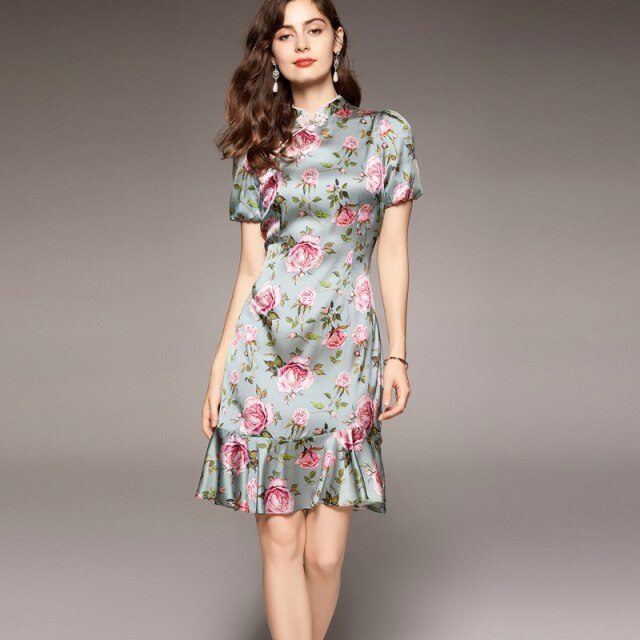 100% Natural Silk Women's Dresses Vintage Stand Collar Short Sleeves Floral Printed Ruffles Elegant Dress Vestidos - Image 21