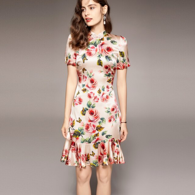 100% Natural Silk Women's Dresses Vintage Stand Collar Short Sleeves Floral Printed Ruffles Elegant Dress Vestidos - Image 22