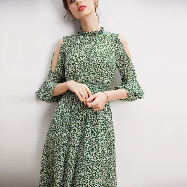 100% Silk Women's Dresses Stand Collar 3/4 Sleeves Off the Shoulder Printed Elgant Holiday Dress - Image 15