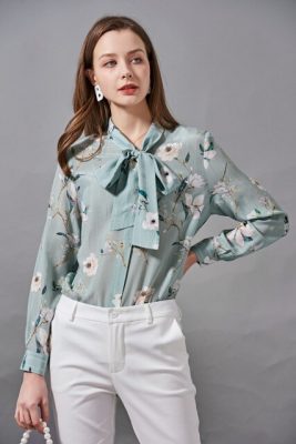 100% Silk Women's Shirt Bow Collar Lace Up Floral Printed Elegant High Street Blouse Camisa Tops