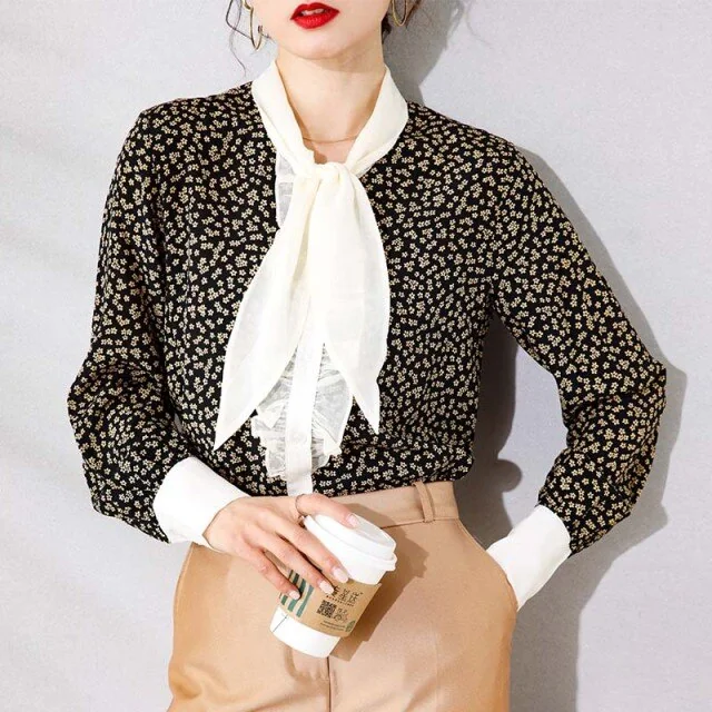 100% Silk Women's Shirt Lace Up Bow Collar Ruffles Long Sleeves Printed Fashion Casual Blouse Tops - Image 14