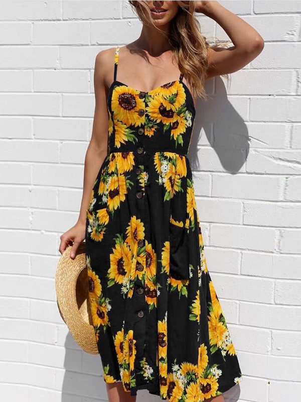 The Best Sunflower Printing Button Up A Line Off Shoulder Sleeveless Dress Online - Source Silk