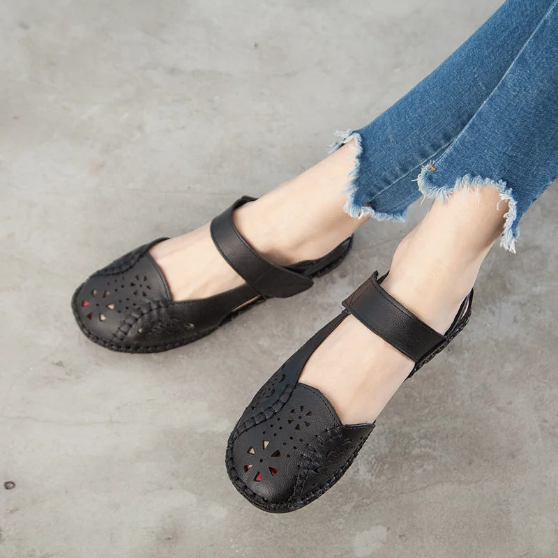 Summer Leather Sandals Women's Flat Heel Hollow Retro Soft Sole Comfortable - Image 6