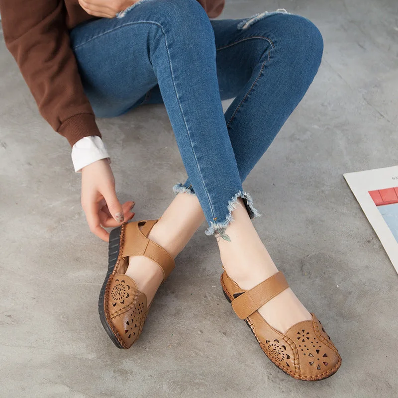 Summer Leather Sandals Women's Flat Heel Hollow Retro Soft Sole Comfortable - Image 4