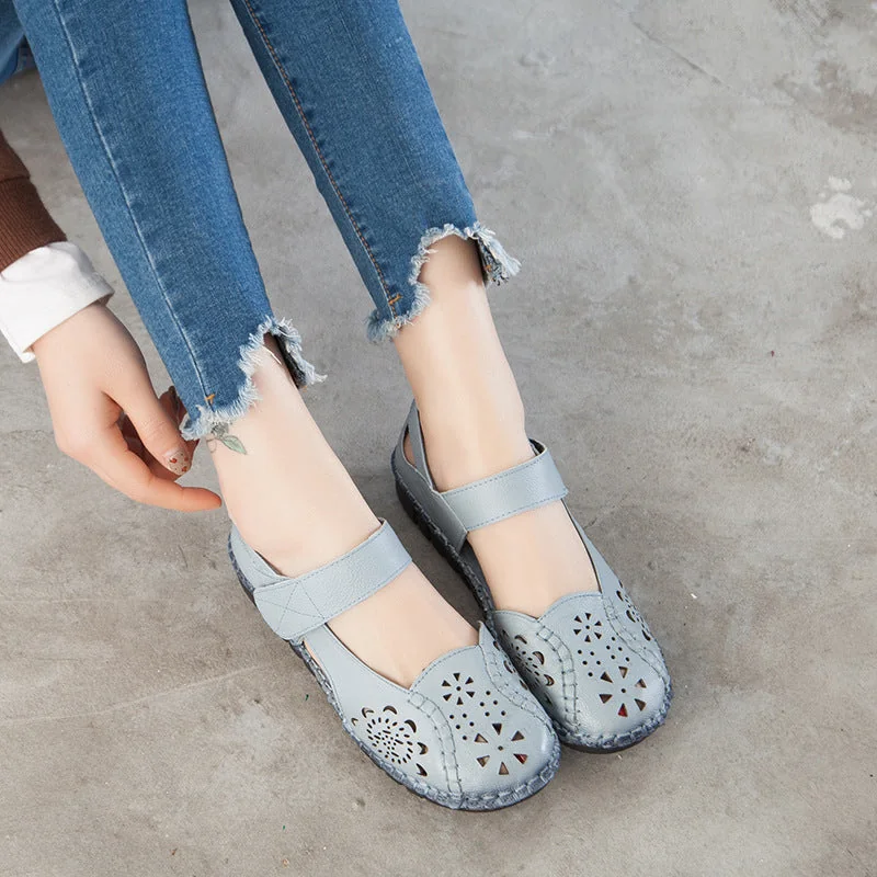 Summer Leather Sandals Women's Flat Heel Hollow Retro Soft Sole Comfortable - Image 8