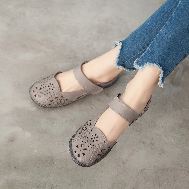 Summer Leather Sandals Women's Flat Heel Hollow Retro Soft Sole Comfortable - Image 3