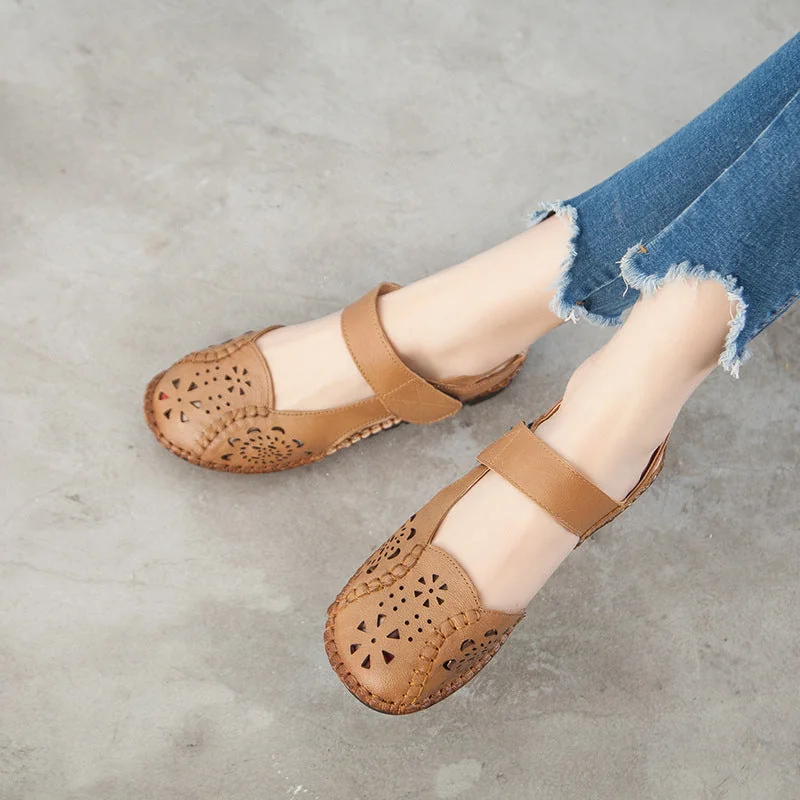 Summer Leather Sandals Women's Flat Heel Hollow Retro Soft Sole Comfortable - Image 9