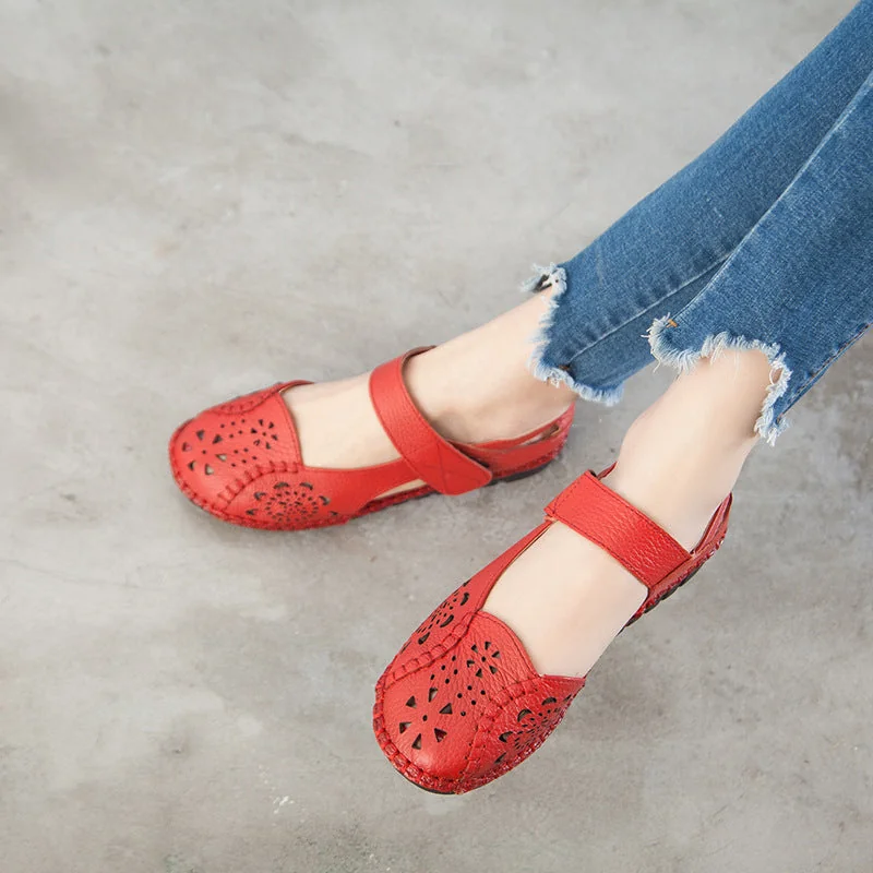 Summer Leather Sandals Women's Flat Heel Hollow Retro Soft Sole Comfortable - Image 5