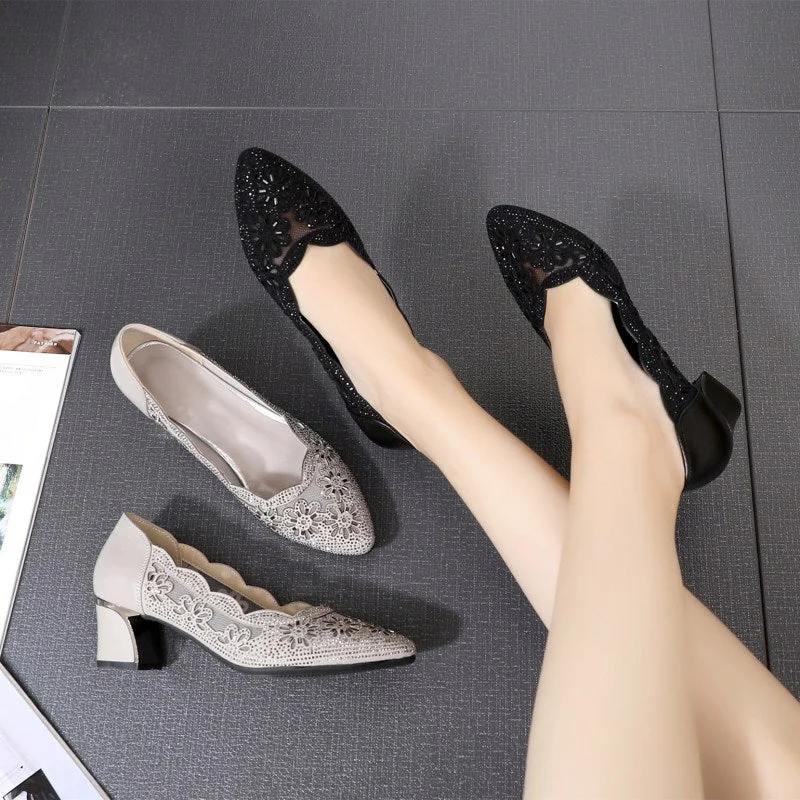 Spring and Summer Chunky Heel Medium Heel Frosted Hollow Mesh Sandals - Image 4