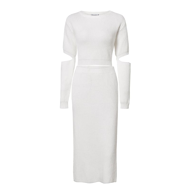 Elegant knitted sweater dress Hollow out two piece suit midi dress