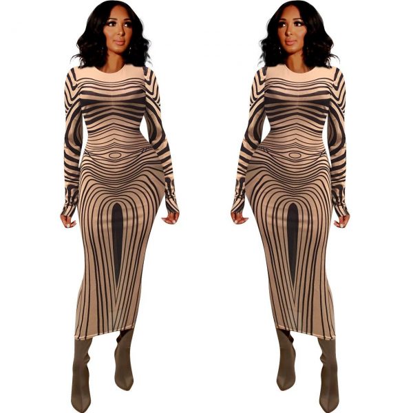 Long sleeve mesh sheer party dress transparent striped printed bodycon dress Maxi dress Optical illusion wavy Vestidos - Takalr