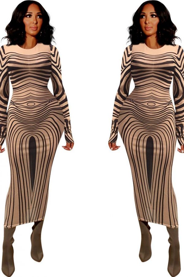 Long sleeve mesh sheer party dress transparent striped printed bodycon dress Maxi dress Optical illusion wavy Vestidos - Takalr