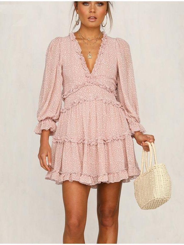 V-neck backless dress printed Elegant lantern sleeve ruffle dresses - Takalr