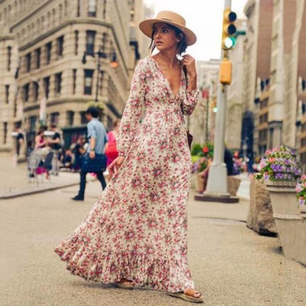 Bohemian Printed long Dress Women Floral Printed Maxi Dresses Hippe Deep V-Neck Ruffle Dress Chic Boho Clothing Rome Femme - Takalr