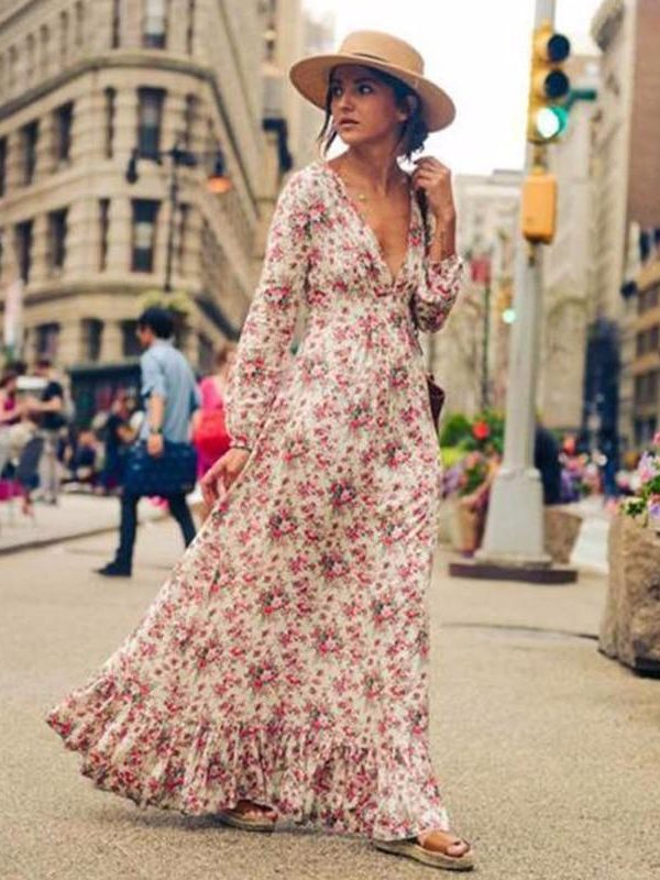 Bohemian Printed long Dress Women Floral Printed Maxi Dresses Hippe Deep V-Neck Ruffle Dress Chic Boho Clothing Rome Femme - Takalr