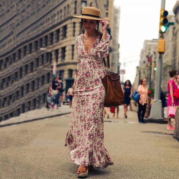 Bohemian Printed long Dress Women Floral Printed Maxi Dresses Hippe Deep V-Neck Ruffle Dress Chic Boho Clothing Rome Femme - Takalr