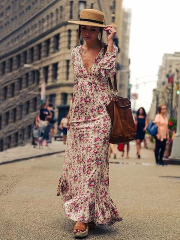 Bohemian Printed long Dress Women Floral Printed Maxi Dresses Hippe Deep V-Neck Ruffle Dress Chic Boho Clothing Rome Femme - Takalr