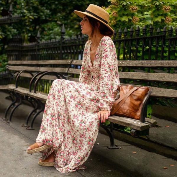 Bohemian Printed long Dress Women Floral Printed Maxi Dresses Hippe Deep V-Neck Ruffle Dress Chic Boho Clothing Rome Femme - Takalr