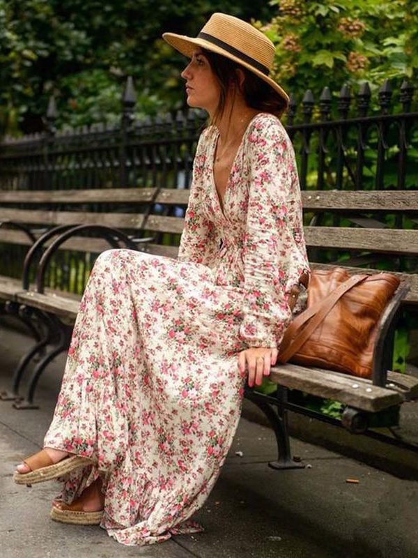 Bohemian Printed long Dress Women Floral Printed Maxi Dresses Hippe Deep V-Neck Ruffle Dress Chic Boho Clothing Rome Femme - Takalr