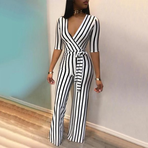 2018 Fashion Deep V One Piece Striped Women Overalls Waist Belted Wide Leg Office Sexy Bodysuit Bodycon Summer Elegant Jumpsuit - Takalr