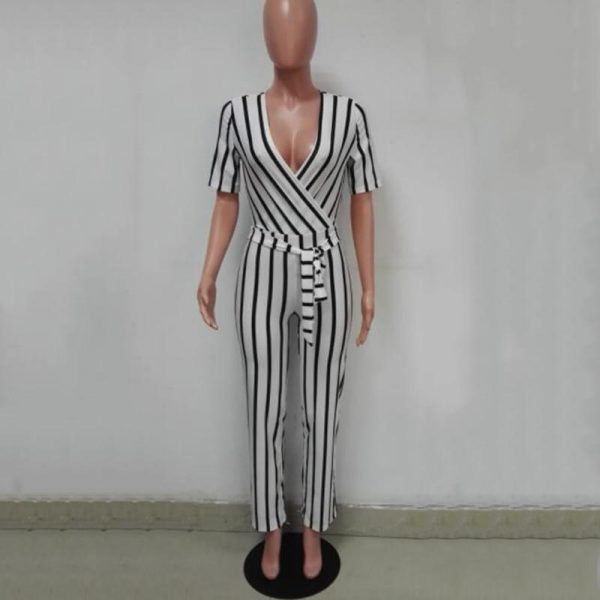 2018 Fashion Deep V One Piece Striped Women Overalls Waist Belted Wide Leg Office Sexy Bodysuit Bodycon Summer Elegant Jumpsuit - Takalr