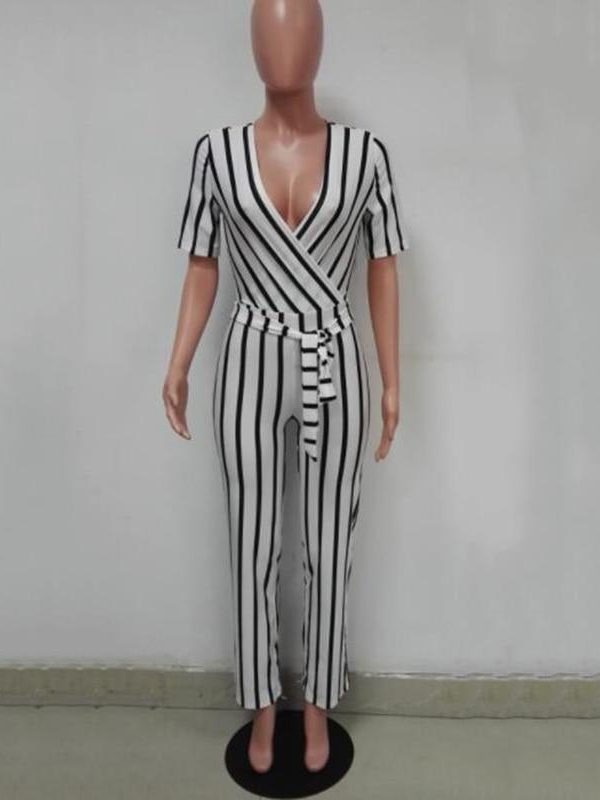 2018 Fashion Deep V One Piece Striped Women Overalls Waist Belted Wide Leg Office Sexy Bodysuit Bodycon Summer Elegant Jumpsuit - Takalr