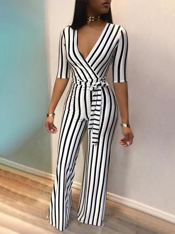 2018 Fashion Deep V One Piece Striped Women Overalls Waist Belted Wide Leg Office Sexy Bodysuit Bodycon Summer Elegant Jumpsuit - Takalr