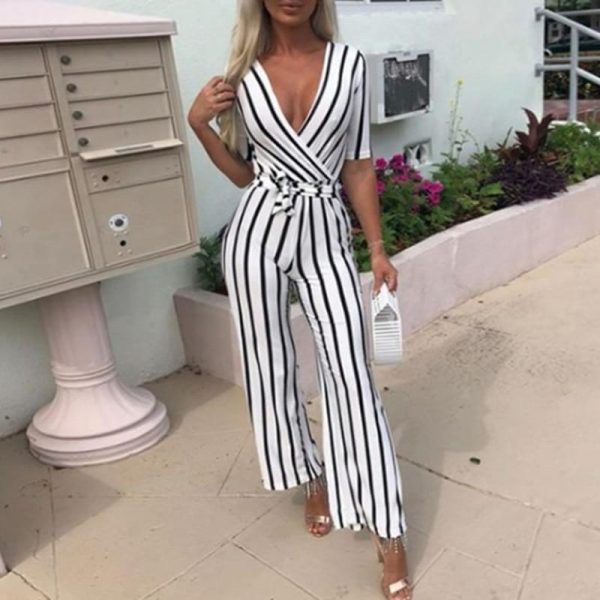 2018 Fashion Deep V One Piece Striped Women Overalls Waist Belted Wide Leg Office Sexy Bodysuit Bodycon Summer Elegant Jumpsuit - Takalr