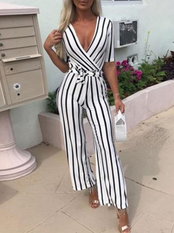 2018 Fashion Deep V One Piece Striped Women Overalls Waist Belted Wide Leg Office Sexy Bodysuit Bodycon Summer Elegant Jumpsuit - Takalr