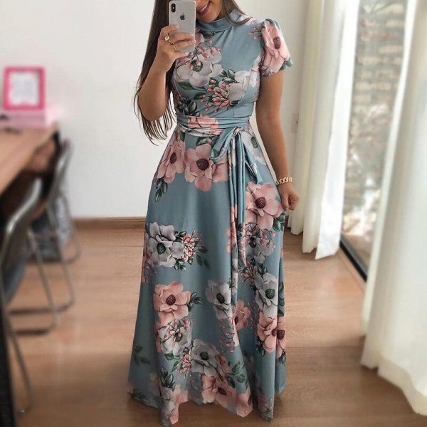 Fashion Summer Boho Vintage Dresses Women Casual Elegant Long Party Dress Floral Tunic Short Sleeve Tie Waist Maxi Dresses - Takalr