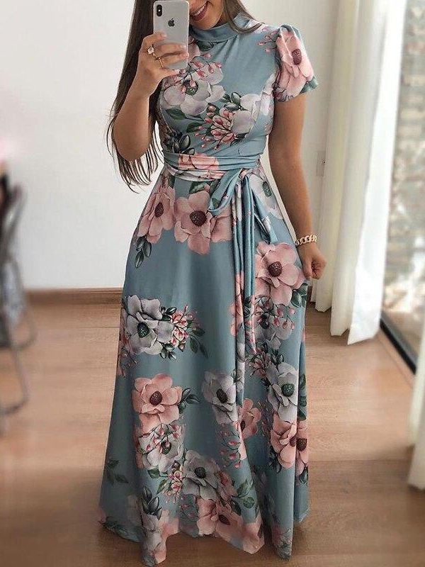 Fashion Summer Boho Vintage Dresses Women Casual Elegant Long Party Dress Floral Tunic Short Sleeve Tie Waist Maxi Dresses - Takalr