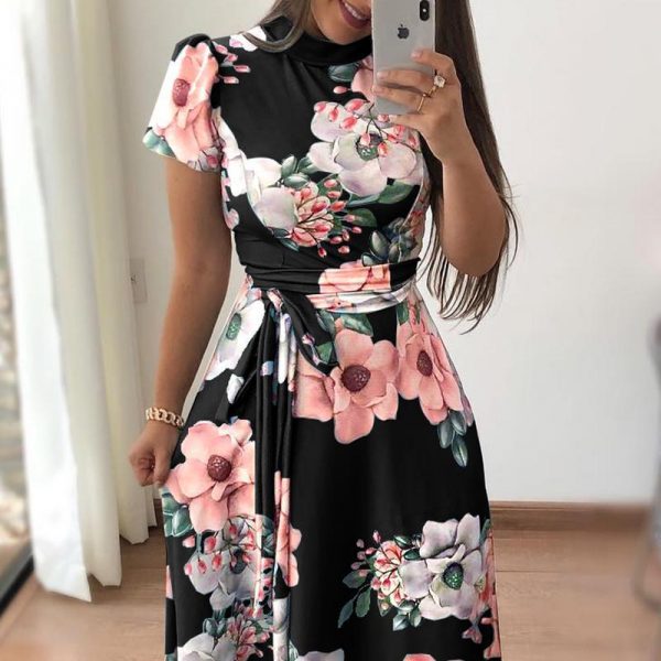 Fashion Summer Boho Vintage Dresses Women Casual Elegant Long Party Dress Floral Tunic Short Sleeve Tie Waist Maxi Dresses - Takalr