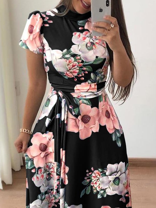 Fashion Summer Boho Vintage Dresses Women Casual Elegant Long Party Dress Floral Tunic Short Sleeve Tie Waist Maxi Dresses - Takalr