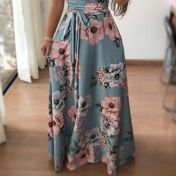 Fashion Summer Boho Vintage Dresses Women Casual Elegant Long Party Dress Floral Tunic Short Sleeve Tie Waist Maxi Dresses - Takalr