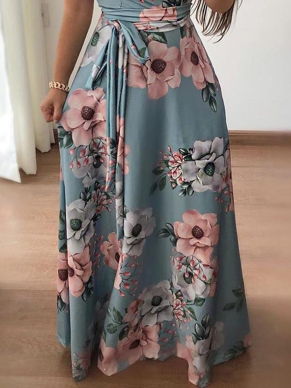 Fashion Summer Boho Vintage Dresses Women Casual Elegant Long Party Dress Floral Tunic Short Sleeve Tie Waist Maxi Dresses - Takalr