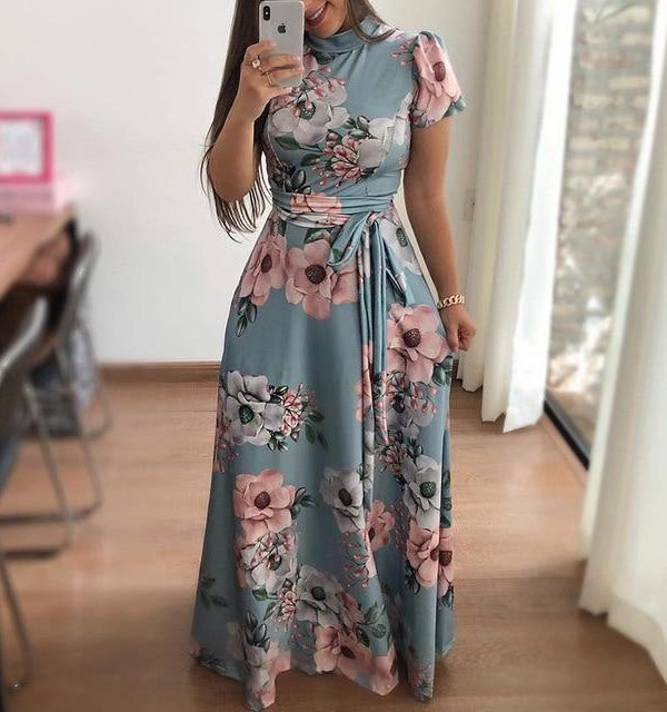 Fashion Summer Boho Vintage Dresses Women Casual Elegant Long Party Dress Floral Tunic Short Sleeve Tie Waist Maxi Dresses - Takalr