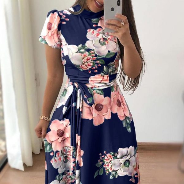 Fashion Summer Boho Vintage Dresses Women Casual Elegant Long Party Dress Floral Tunic Short Sleeve Tie Waist Maxi Dresses - Takalr