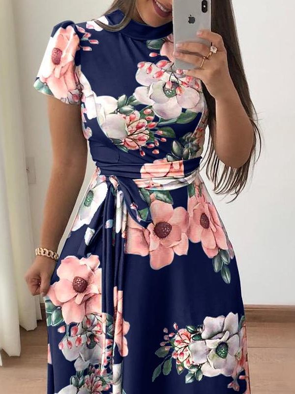 Fashion Summer Boho Vintage Dresses Women Casual Elegant Long Party Dress Floral Tunic Short Sleeve Tie Waist Maxi Dresses - Takalr