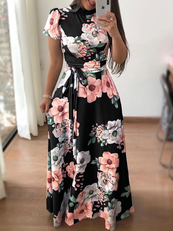 Fashion Summer Boho Vintage Dresses Women Casual Elegant Long Party Dress Floral Tunic Short Sleeve Tie Waist Maxi Dresses - Takalr