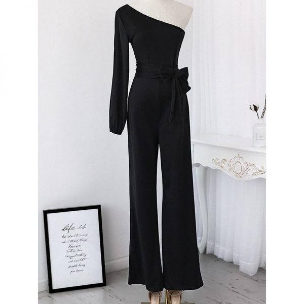 2018 New Arrivals Women Fashion Office Lady Solid Jumpsuit Stylish One off Shoulder Slit Sleeve Black Jumpsuit Lace Up overalls - Takalr