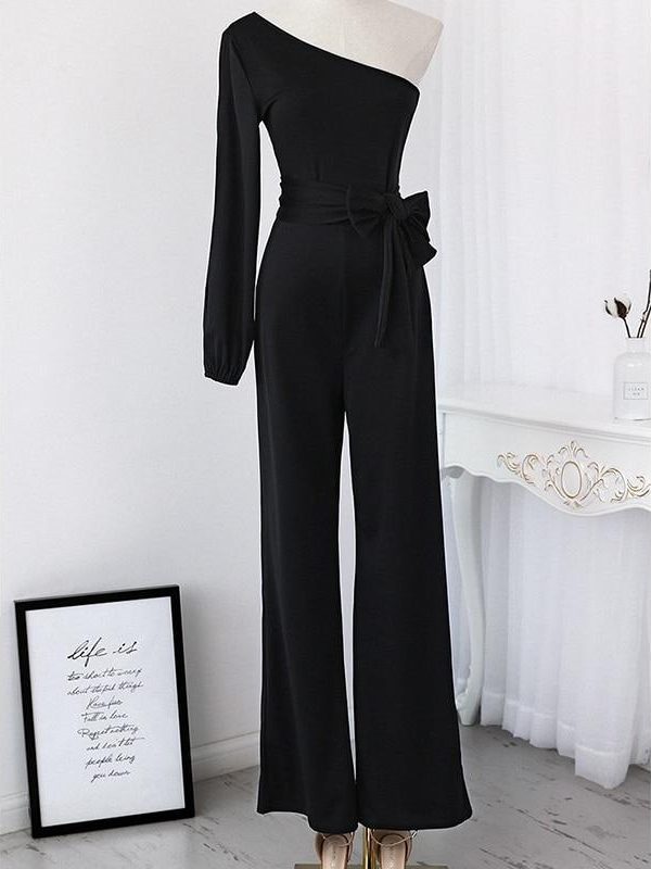 2018 New Arrivals Women Fashion Office Lady Solid Jumpsuit Stylish One off Shoulder Slit Sleeve Black Jumpsuit Lace Up overalls - Takalr