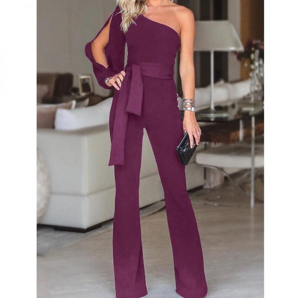 2018 New Arrivals Women Fashion Office Lady Solid Jumpsuit Stylish One off Shoulder Slit Sleeve Black Jumpsuit Lace Up overalls - Takalr