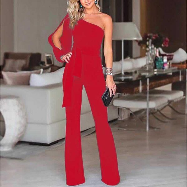 2018 New Arrivals Women Fashion Office Lady Solid Jumpsuit Stylish One off Shoulder Slit Sleeve Black Jumpsuit Lace Up overalls - Takalr