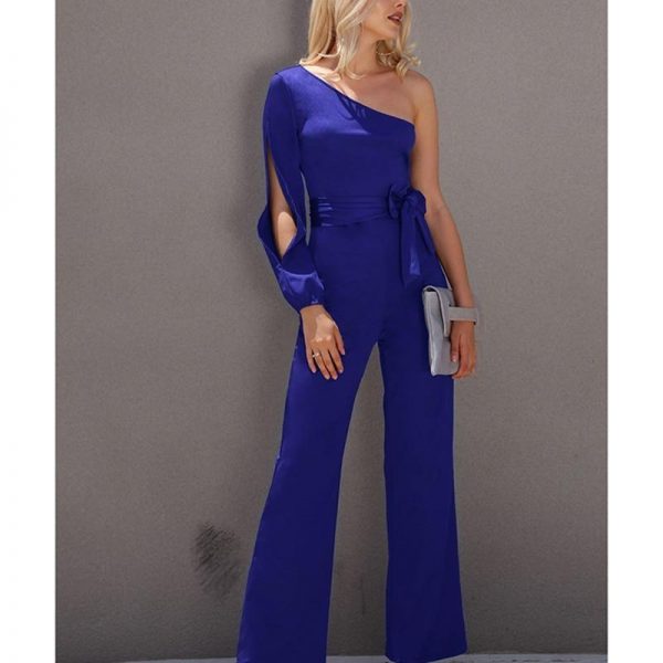 2018 New Arrivals Women Fashion Office Lady Solid Jumpsuit Stylish One off Shoulder Slit Sleeve Black Jumpsuit Lace Up overalls - Takalr