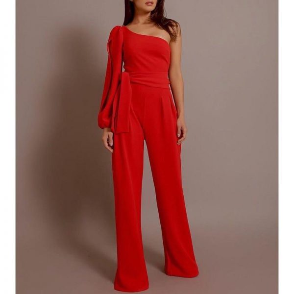 2018 New Arrivals Women Fashion Office Lady Solid Jumpsuit Stylish One off Shoulder Slit Sleeve Black Jumpsuit Lace Up overalls - Takalr