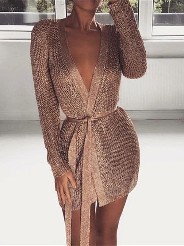 Winter New Knitted sweater Women Dress Elegant V Neck With Belt Bodycon Wrap Dress Sexy Clubwear Party Dresses Vestidos - Takalr